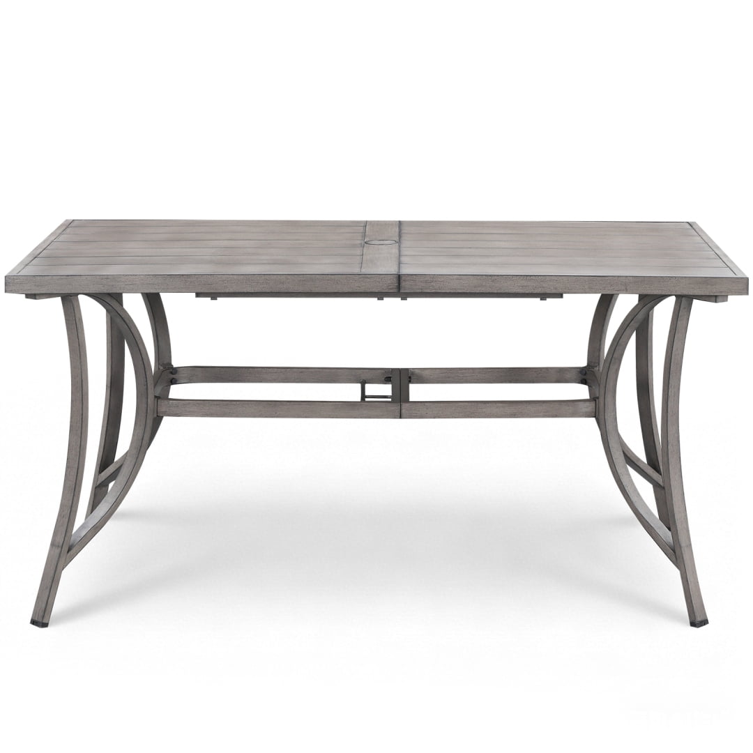 60" Outdoor Rectangle Dining Table for 6 with Umbrella Hole, Aluminum Sturdy Frame, Limed Oak