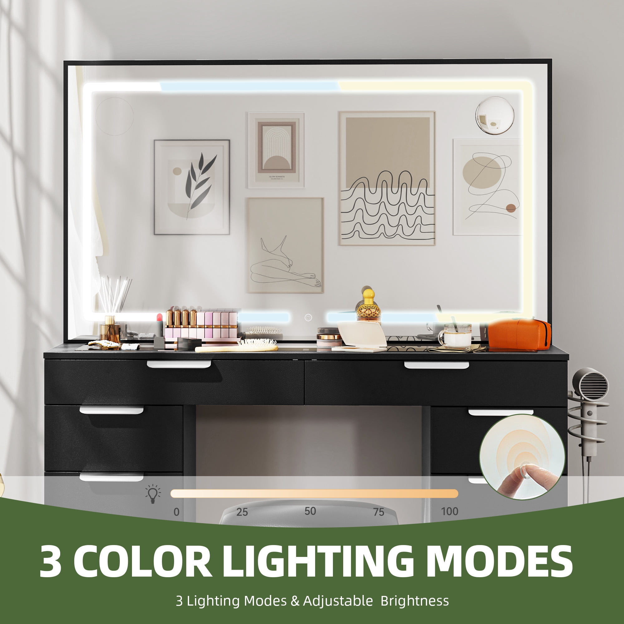 Uforic 10-Drawer Makeup Vanity Dresser with LED Light Strip, Extra-Large Mirror, Power Hub and Hair Dryer Rack, Storage Bench, Black