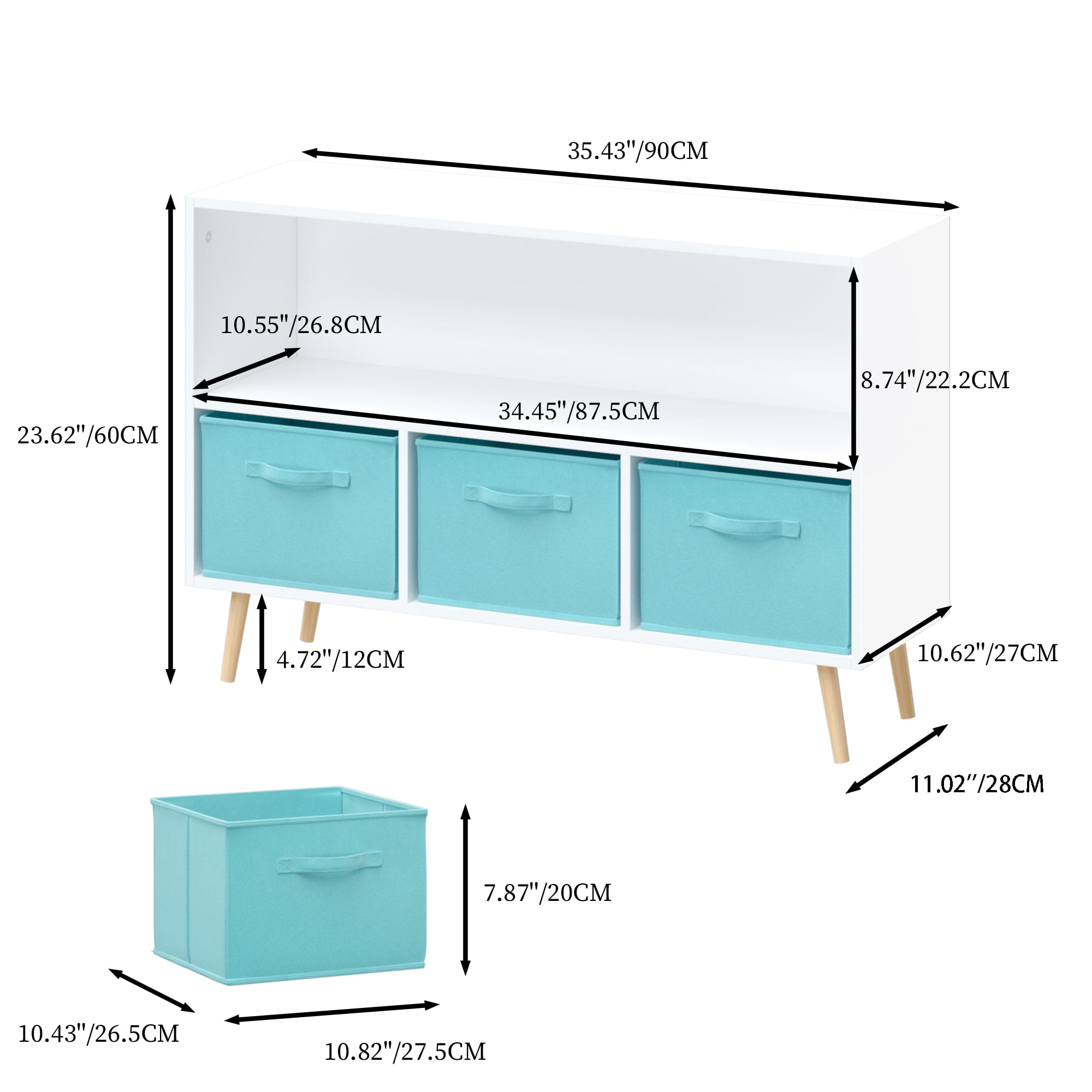 Jopath 4 Cube Kids Bookcase & Toy Storage Organizer with 3 Fabric Drawers for Playroom Storage,Blue