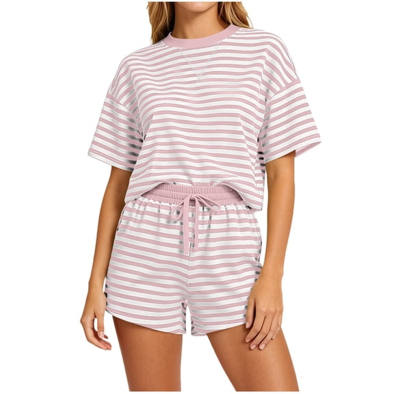 KIHOUT Women's Striped 2 Piece Outfit Short Sleeve Crew Neck Top and Drawstring Waist Shorts Set Casual Summer Tracksuit Loose Fit Stretchy Pajama Sets for Women Daily Wear Vacation