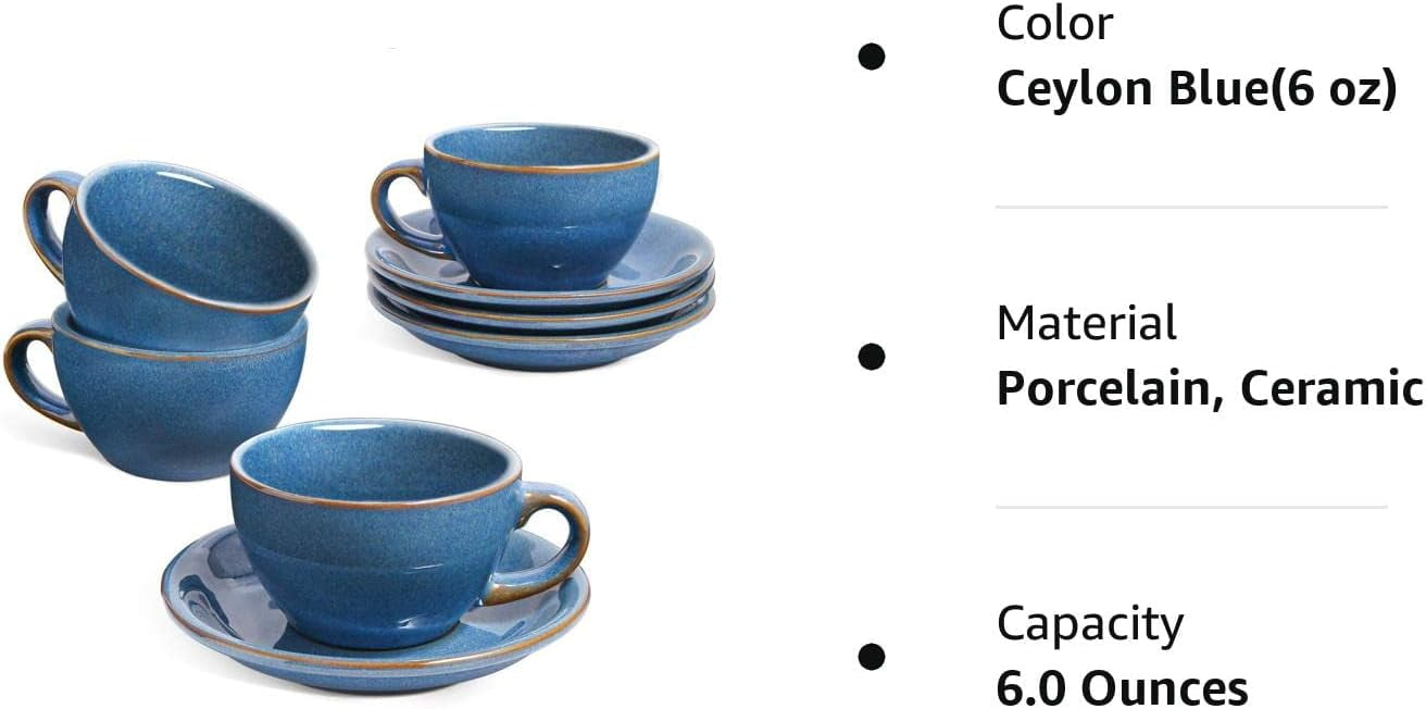 LE TAUCI 6 oz Porcelain Espresso Mugs, Set of 4 Ceramic Cappuccino Cups  with Saucers, Ceylon Blue - Walmart.com