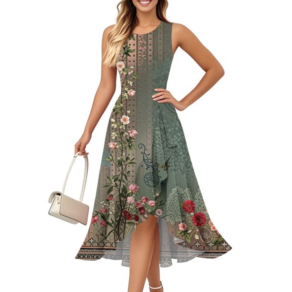 Xyxonk American Flag Tank Dress Women Ruffled Sleeveless Floral Printed 4th Of July Patriotic Beach Sundress Elegant Temperament Crew Neck Independence Day Summer Dresses Army Green XL