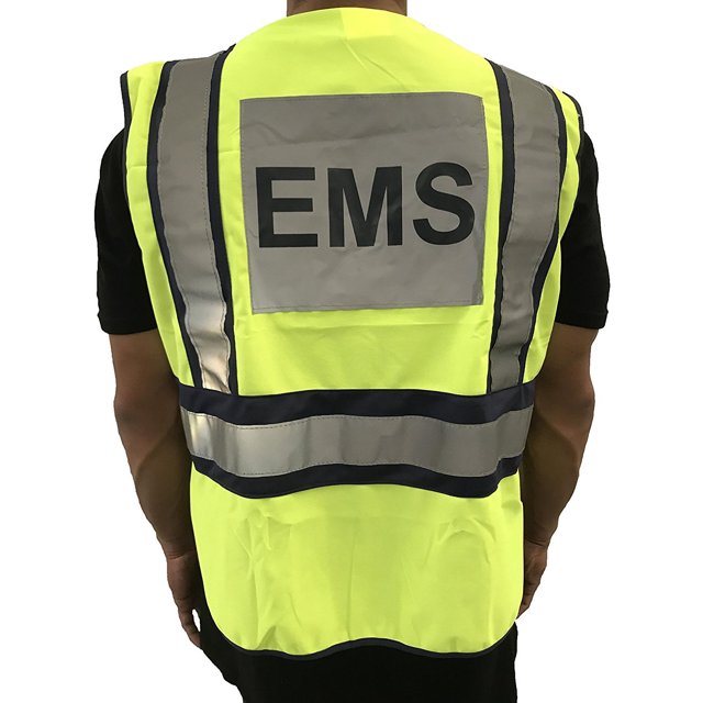 LINE2design High Visibility Front Pocket Safety Vest With Reflective Strips & EMS ANSI Polyester Fabric Yellow with Navy Trim, S-XXL, Average Size is Large