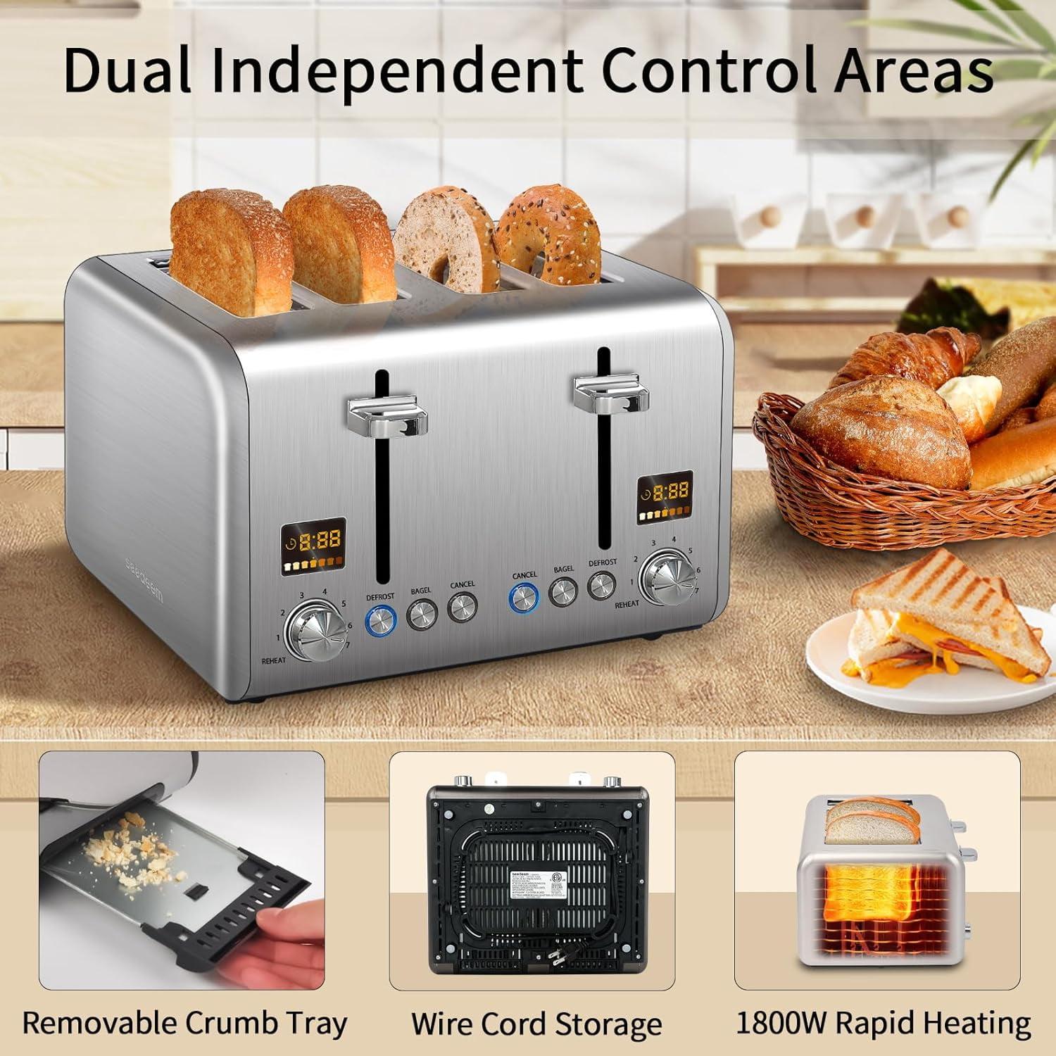 4 Slice Stainless Toaster with LCD Display, 7 Shade Settings, Wide Slots, Bagel/Defrost/Reheat Functions, Removable Crumb Tray, 1800W