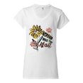 thumbnail image 2 of Wild Bobby Worship While You Wait Sunflower Pink and Yellow Inspirational/Christian Women Standard V-Neck Tee, White, Medium, 2 of 6