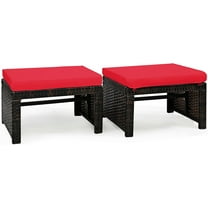 DORTALA 2 Piece Patio Wicker Ottomans, Outdoor Foot Rest with Cushions, PE Rattan Footstool for Patio, Garden, Poolside, Red