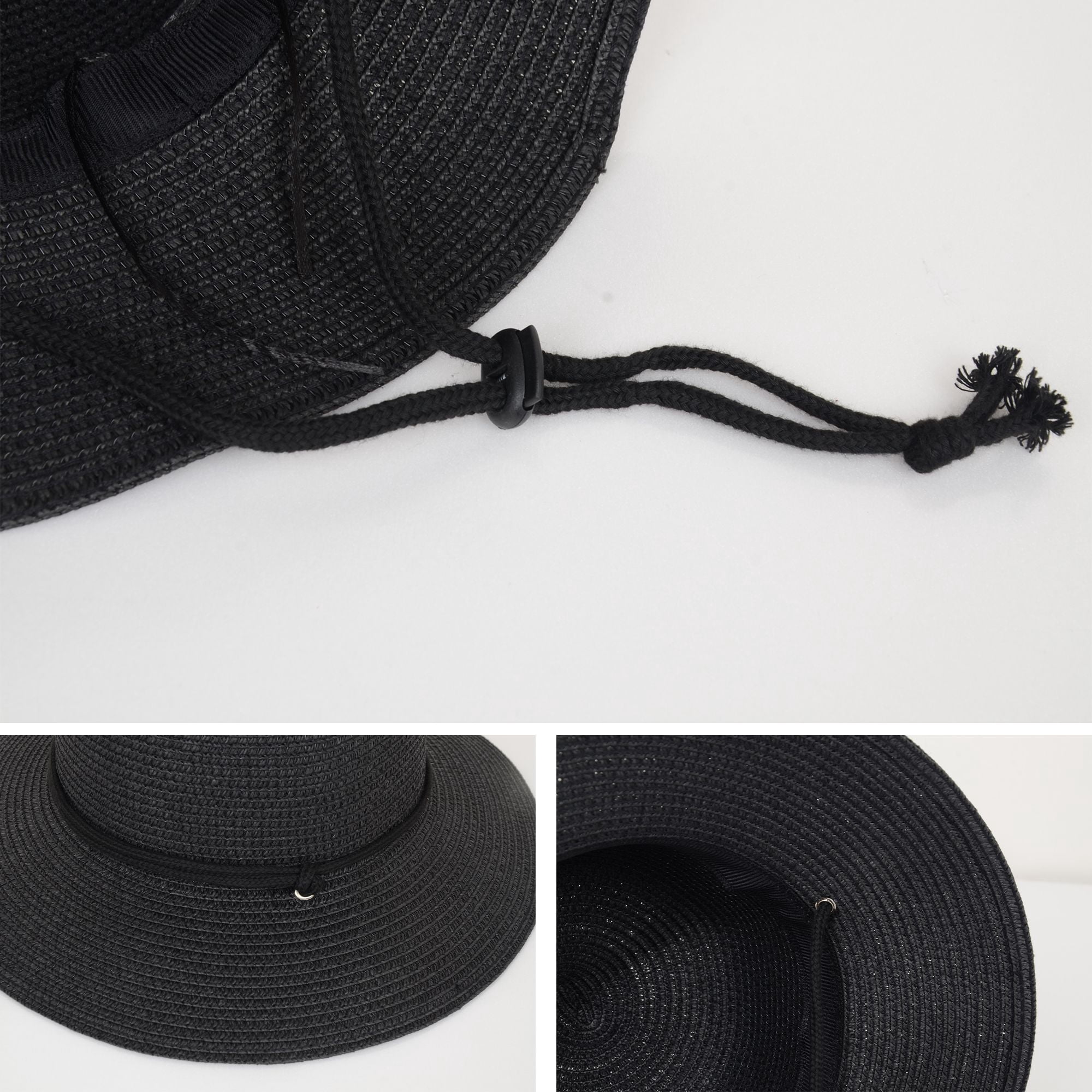 Wide Brim Straw Sun Hat with Chin Strap and Black Cord Detail for Outdoor Protection and Stylish Shade - Black