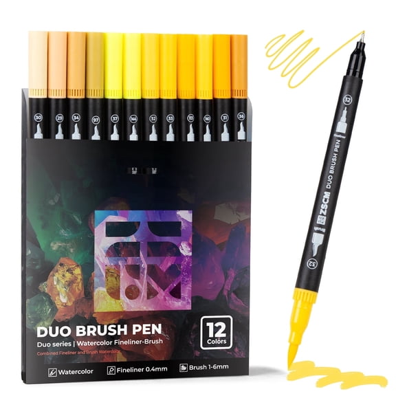 Yellow Duo Tip Marker, 12 Pack Fine & Brush Markers for Adult Coloring Books No Bleeding, Perfect for Summer Themes, Sunflower Art, Happy Doodles