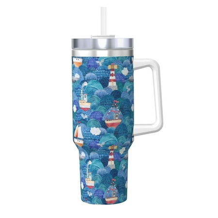 

Logiee Watercolor Ships Print 40OZ Ice Bully Cup with Handle and Straw Double Wall Stainless Steel Tumbler Travel Coffee Cup with Lid Summer Insulation and Cooling Cup