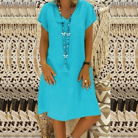 

Jsaierl Womens Cotton Linen Dresses Short Sleeve Casual Plus Size Midi Dress Elegant Solid Color Crewneck Dress Lightweight Classic Dresses 2023