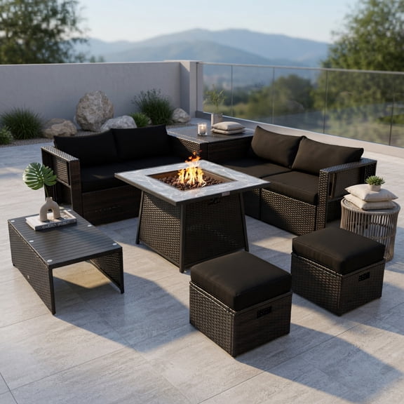 GVN 9 Pieces Patio PE Wicker Sectional Set with 50000 BTU Fire Pit Table-Black, Outdoor Sofa Sectional , Coffee Table for Patio Back Deck, Balcany, Poolside