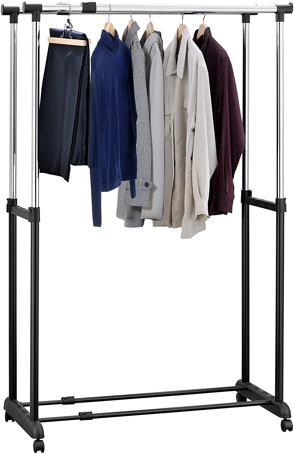Double Rail Adjustable Rolling Garment Rack with Bottom Shelf Clothes