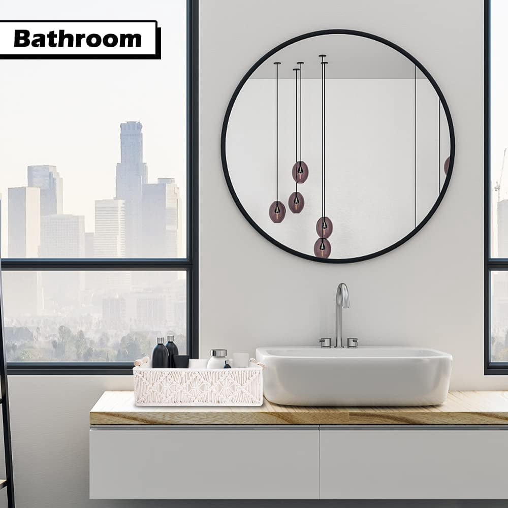 2Pcs Macrame Storage Baskets, White Boho Bathroom Decor Woven Baskets with Wooden Handles, Handmade Countertop Toilet Cabinet Organizer Boxes for Home, Shelves (Large+Small)