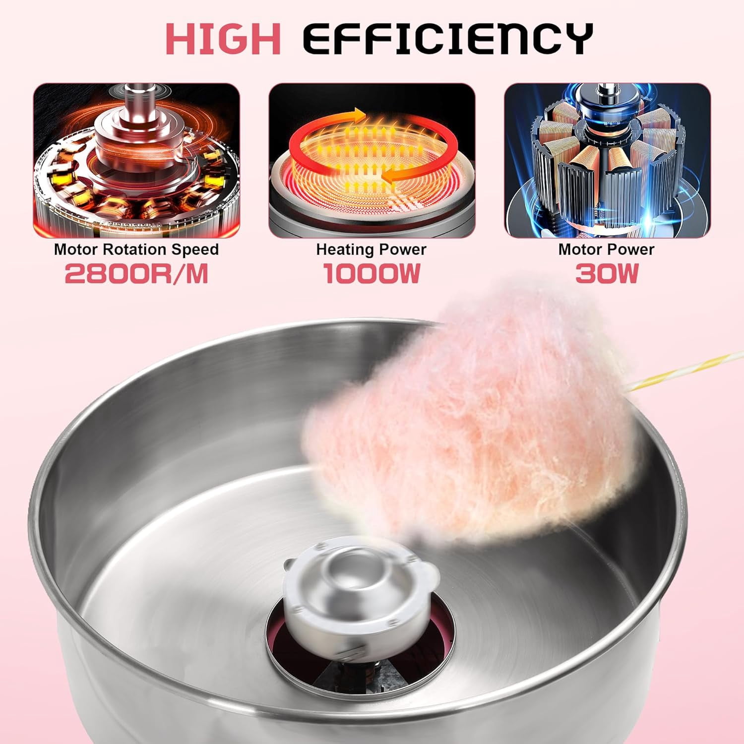 Pink Electric Cotton Candy Machine Commercial, 1000W Cotton Candy Maker with Stainless Steel Bowl, Sugar Scoop, Storage Drawer, Perfect for Family Party, Kids Birthday