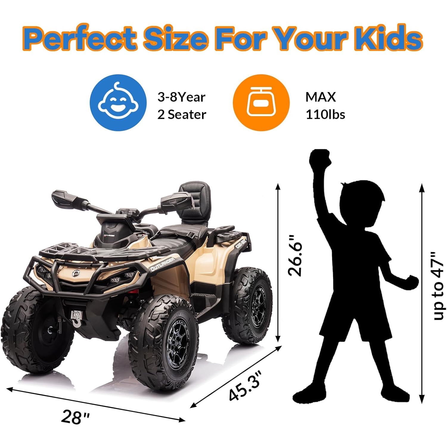 Roromall 2 Seater Ride On ATV for Kids, 24V Ride On Toy Car with Leather Seat, EVE Wheels, LED Lights, 2WD/4WD Power, Music, 4 Wheeler Electric Car Battery Powered for Boys Girls