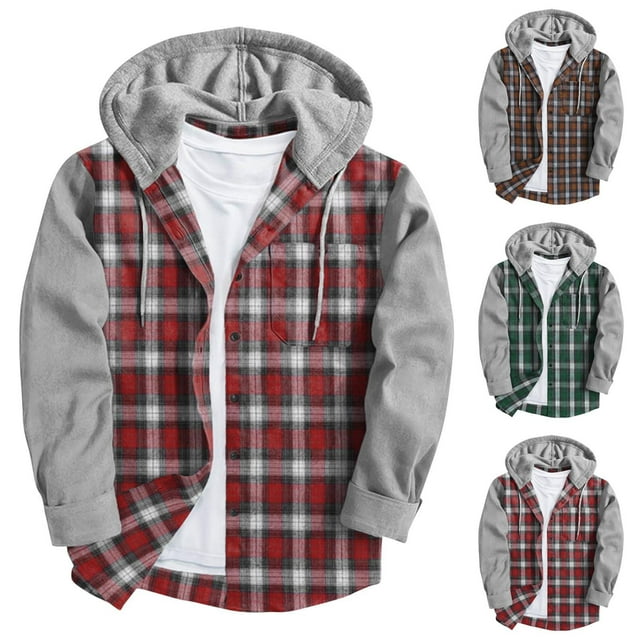 BiZtdJrK Veste à Capuche à Carreaux pour Hommes Patchwork Manches Longues Chemise à Boutons avec Poche Poitrine Rouge TG