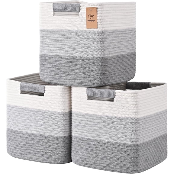 Natubeau 3 Pack Woven Storage Basket for Shelves, 11 Inch Cube Storage Bins, Cotton Rope Woven Baskets for Organizing, Gradient Grey
