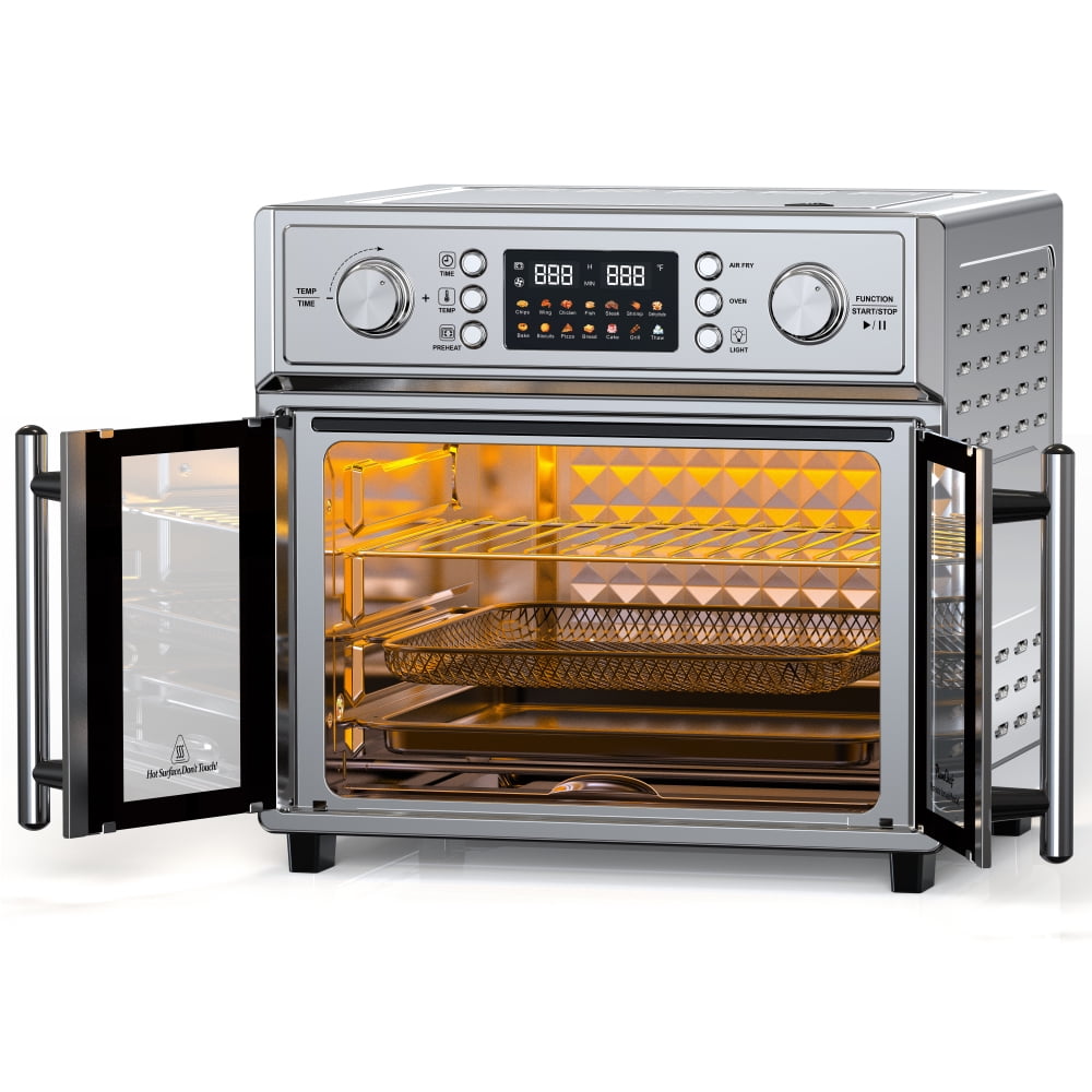 PlumChef 26QT Large Capacity French Double-Door Air Fryer Convection Toaster Oven, 1700W, 14 Preset Menus, 7-in-1 Multi-Function (Bake, Roast, Gril,Toast,Dehydrate&Defrost), Stainless Steel,silvery