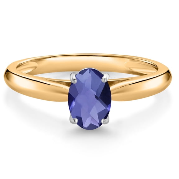 Gem Stone King 10K Yellow Gold Blue Iolite Solitaire Engagement Ring for Women | 0.65 Cttw | Oval Checkerboard 7X5MM | Gemstone Birthstone | Wedding Engagement Anniversary Promise Ring | Size 5