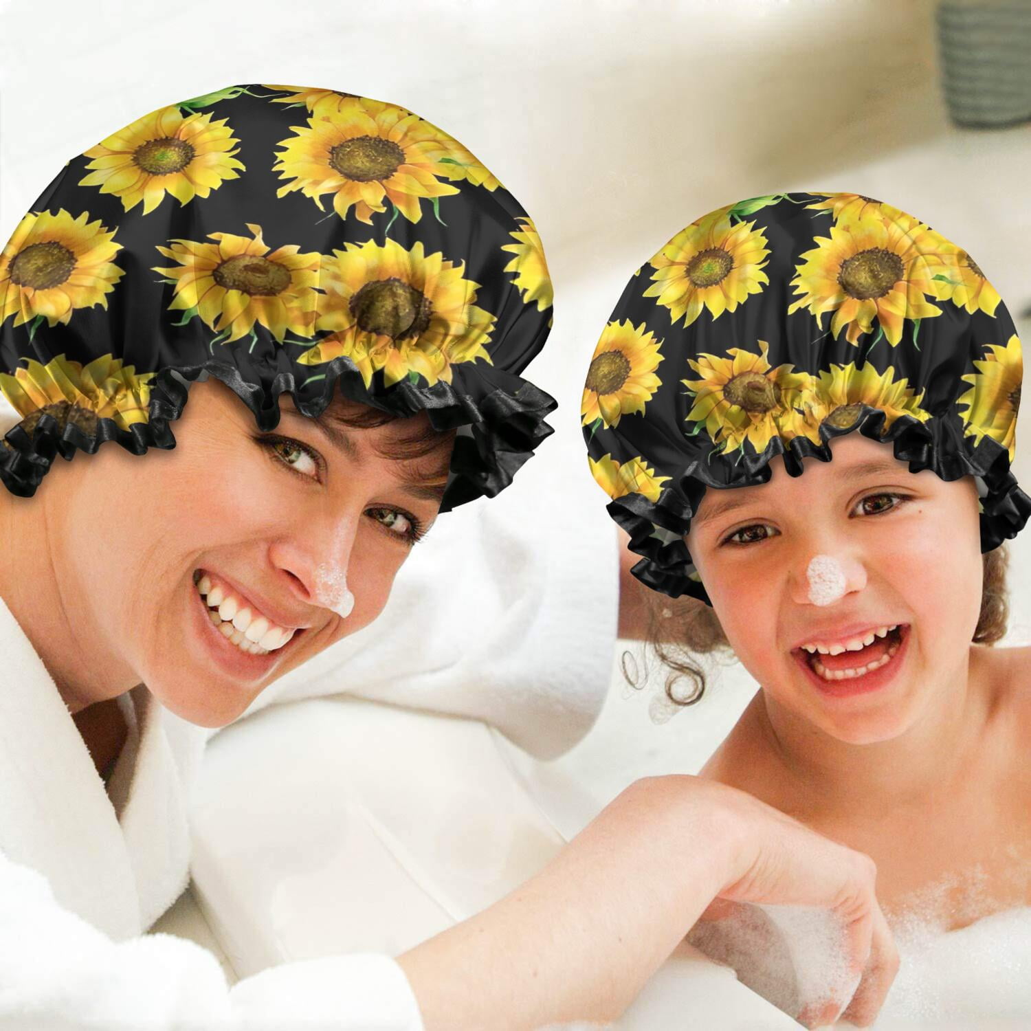 Shower Caps,Black Sunflower Green Leaf Pattern Waterproof Shower Cap for Women 4 Pieces,Double Reusable Hair Cover for Shower PEVA Elastic Stretch Hem