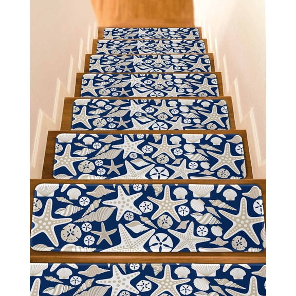 Navy Blue Ocean Stair Treads for Wooden Steps Indoor Runner Rug Carpet, Coastal Starfish Shell Conch Shell 7 Pieces Peel and Stick Staircase Step Treads Covers Washable Throw Door Mats, 30"x8"