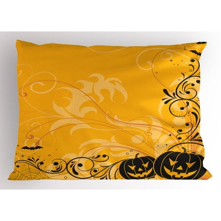 Halloween Pillow Sham Carved Pumpkins with Floral Patterns Bats and Web Horror Jack o Lantern Artwork, Decorative Standard Size Printed Pillowcase, 26 X 20 Inches, Orange Black, by