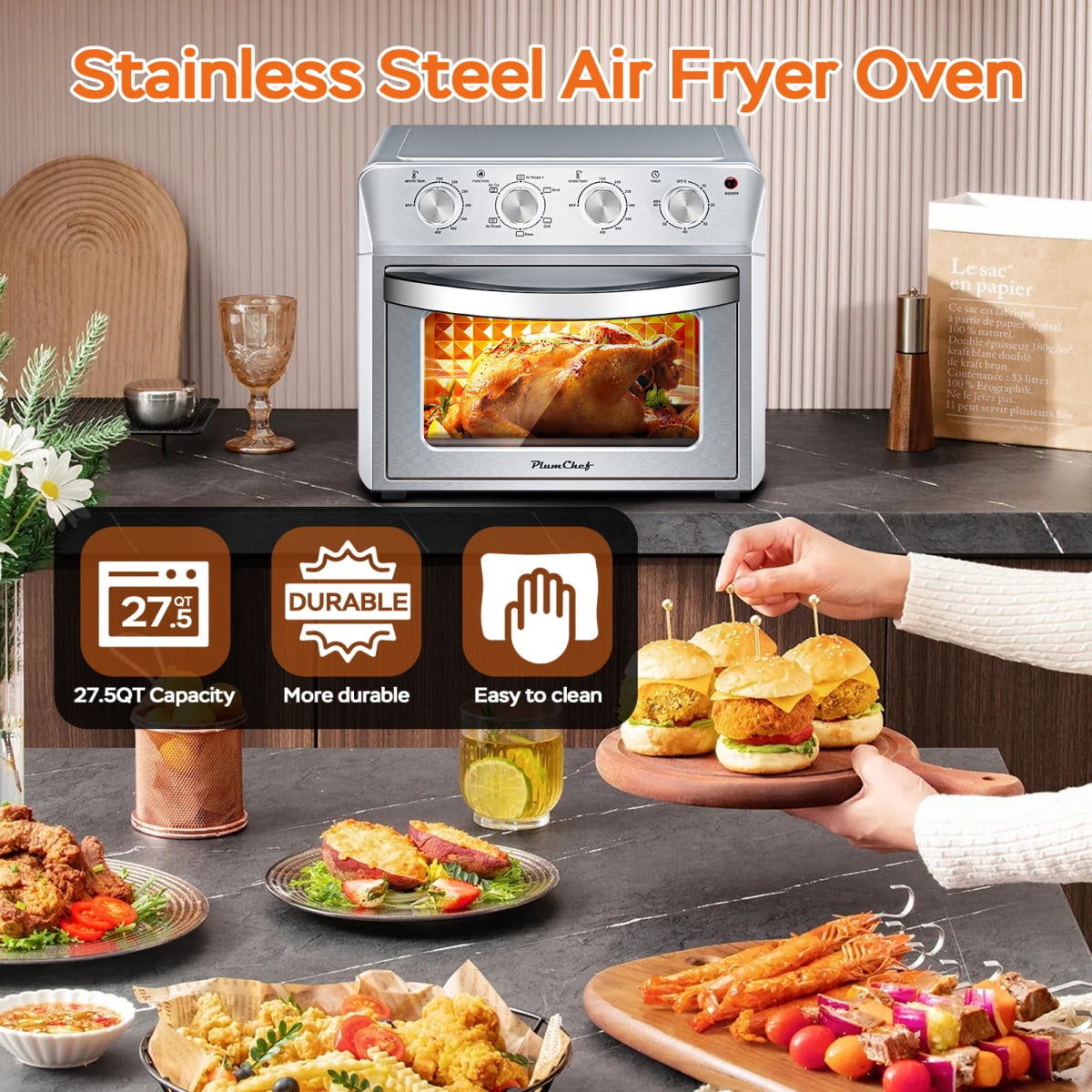 TENGDA 275QT 6 In 1 Air Fryer Oven Silver Stainless Steel Countertop Convection Oven 1600W 4 Knob Control Multi Function Air Fry Bake Broil Toast Warm Dehydrate Family Size Appliance