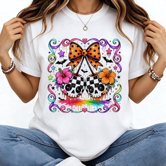 Halloween Women's T-Shirt Colorful Skulls With Bow And Flowers Short Sleeve Holiday Gift Cotton Tees