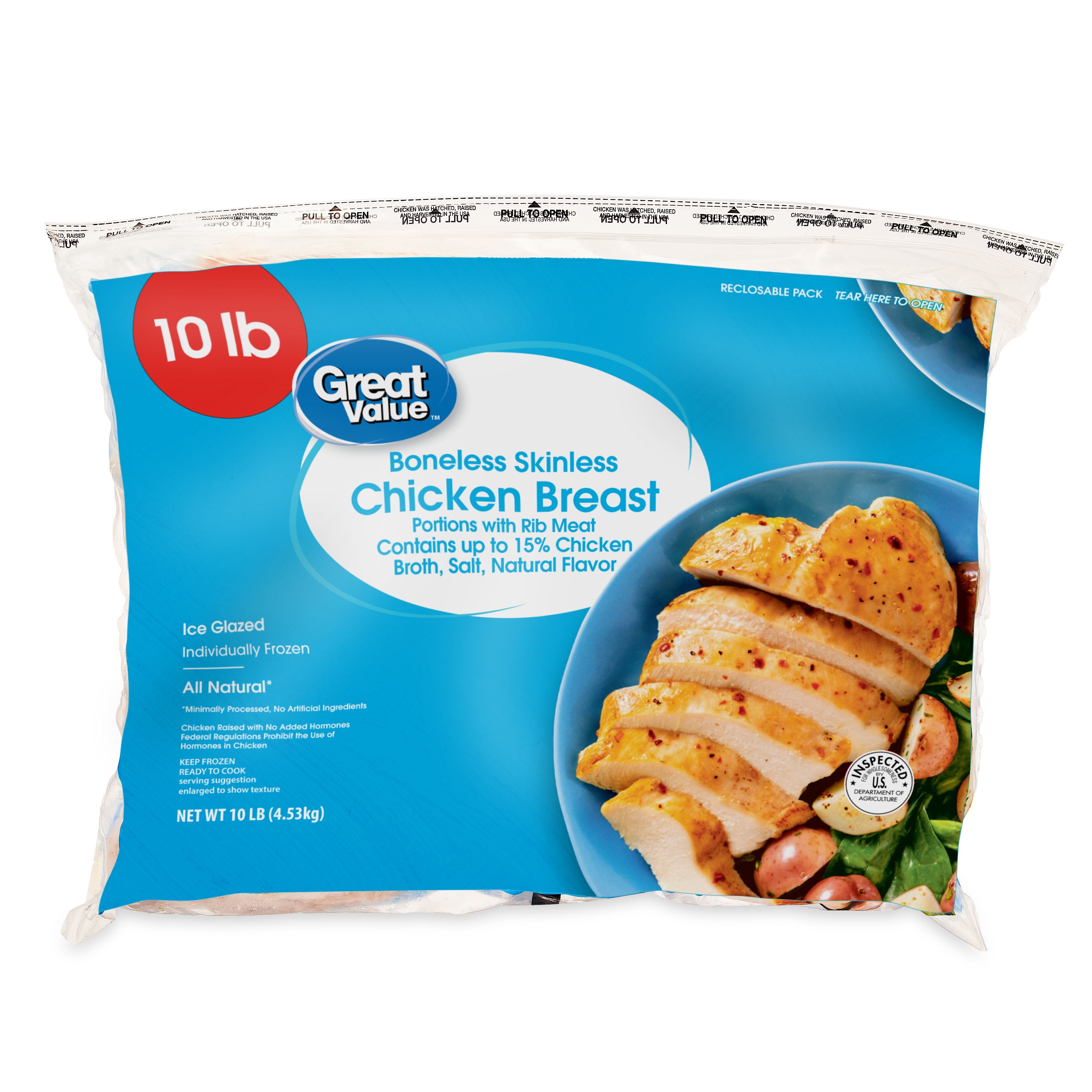 Great Value Boneless Skinless Chicken Breast, 10 lb (Frozen)