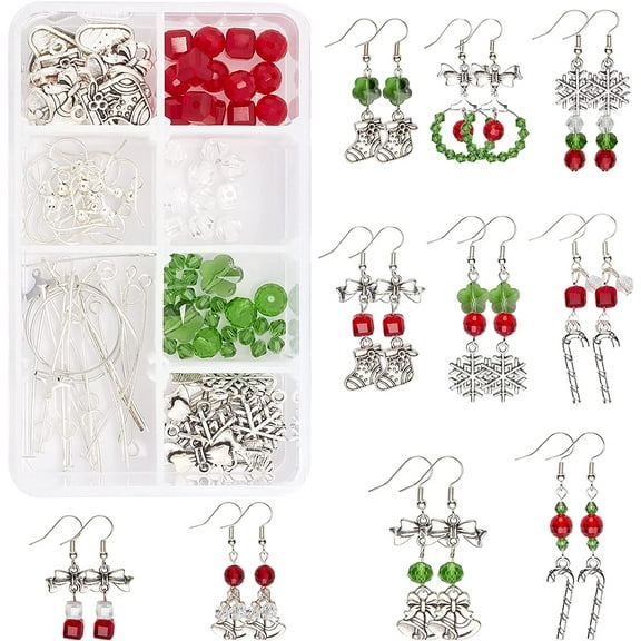 1 Box DIY 10 Pairs Christmas Electroplate Glass Beads Dangle Earring Making Kits Snowflake Bowknot Christmas Sock Candy Pendants Charms & Earring Hooks for DIY Jewerly Making Xmas Earrings