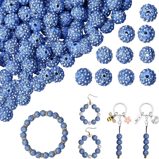 CHUANK 100PCS 10mm Rhinestone Beads for Jewelry Making Light Blue Sparkle Crystal Clay Beads for Crafting Shamballa Beads Bulk Disco Ball Beads for Pens Bracelets Earring Baseball Neckl