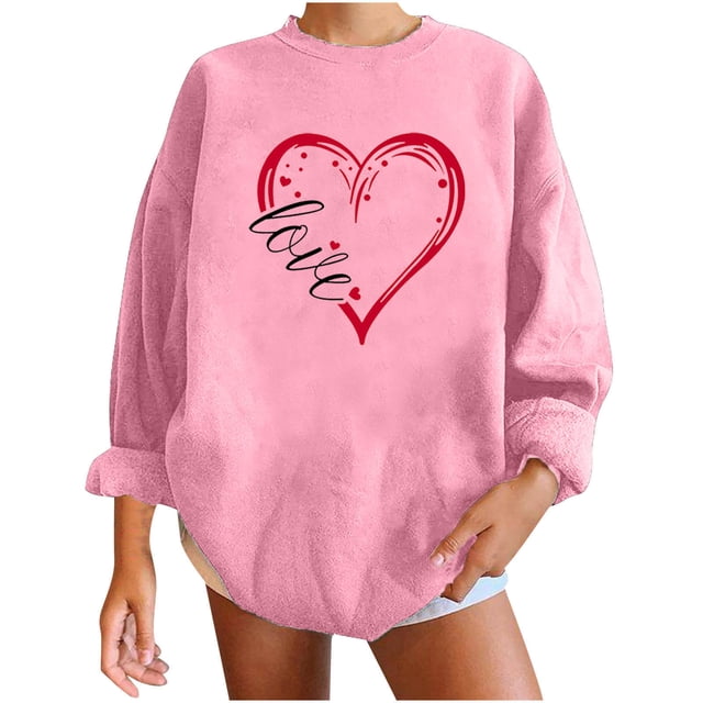 RKSTN Chandail de la Saint-Valentin pour Femmes Surdimensionné Mode Décontractée Manches Longues Col Rond Chandail Grande Taille Imprimé Cœur Amour Couleur Unie