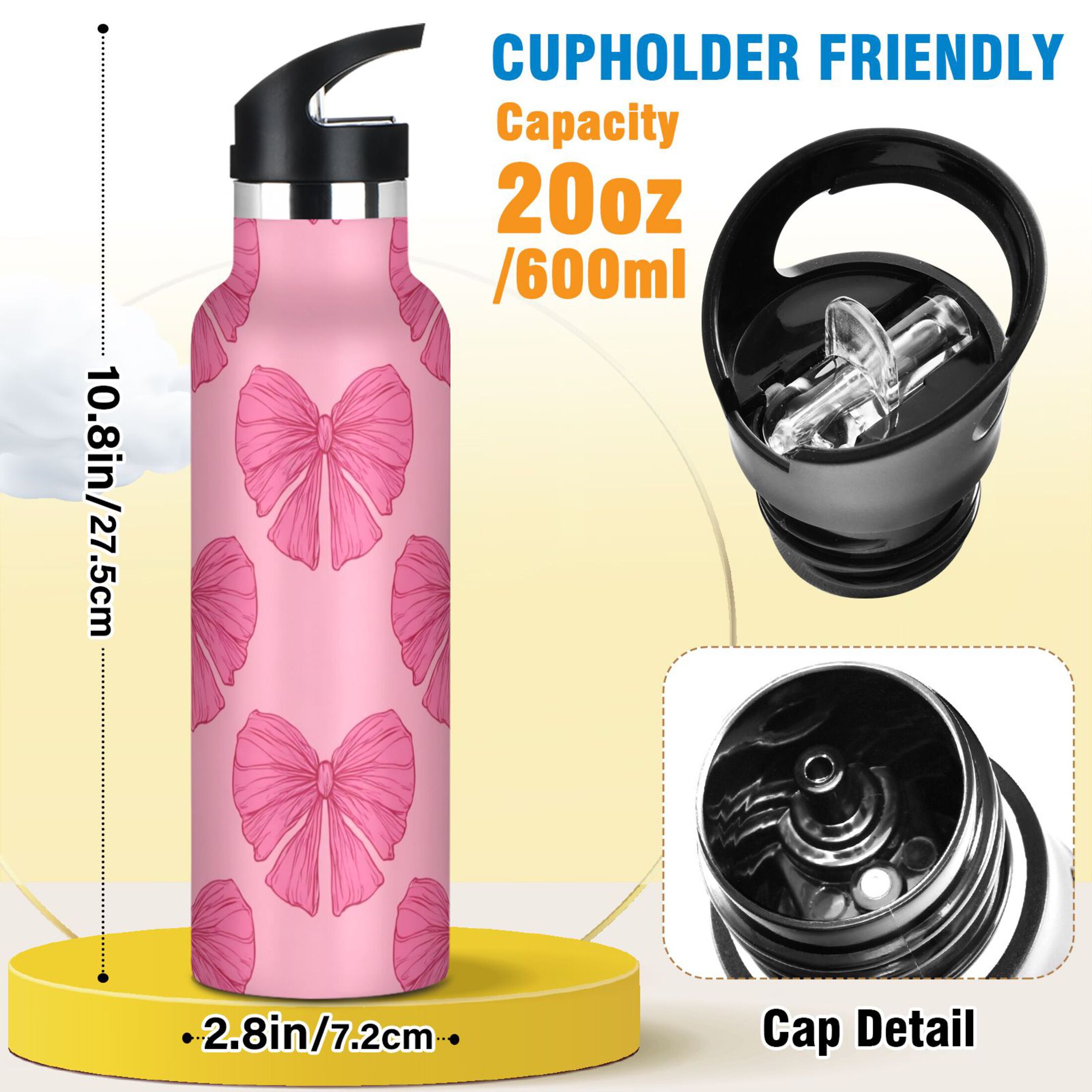 600ML Stainless Steel Insulated Cup Sports Water Bottle Portable Thermos Cup Water Glasses Insulated Tumblers Convenient and Durable Pink Bow Cute