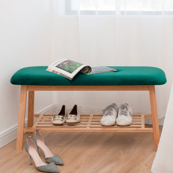 StorageWorks Tufted Fabric Bench, Entryway Bench Seat with Shoe Storage Shelf, Dark Green