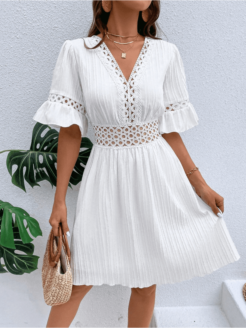 short boho summer dresses Bkul Women's Patchwork Lace Fashion Dress V Neck Solid Elegant Party Casual Fit Elegant Vacation Sundress (White,Small) summer boho dresses