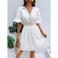 thumbnail image 2 of Women's Summer Dresses Boho Patchwork Lace Fashion Dress V Neck Solid Elegant Short Party Casual Fit Elegant Vacation Sundress (White,Large), 2 of 6