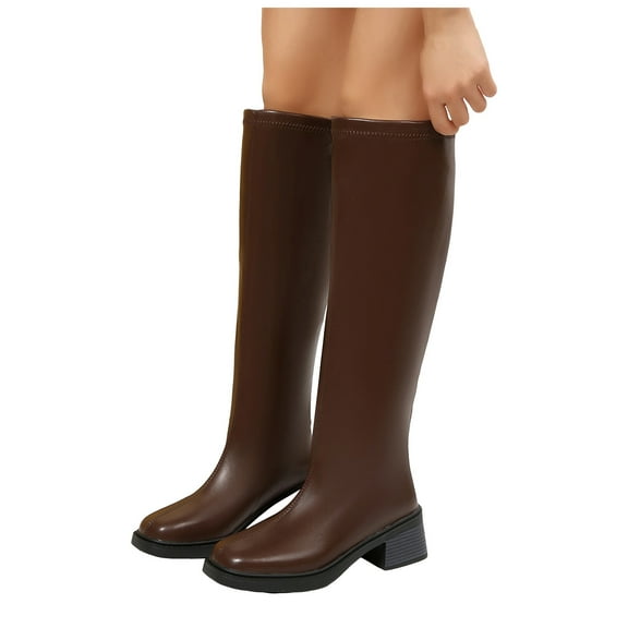 Womens Mid Calf Gogo Boots Square Toe Chunky Heel Back Zipper Knee High Fall Winter Tall Booties