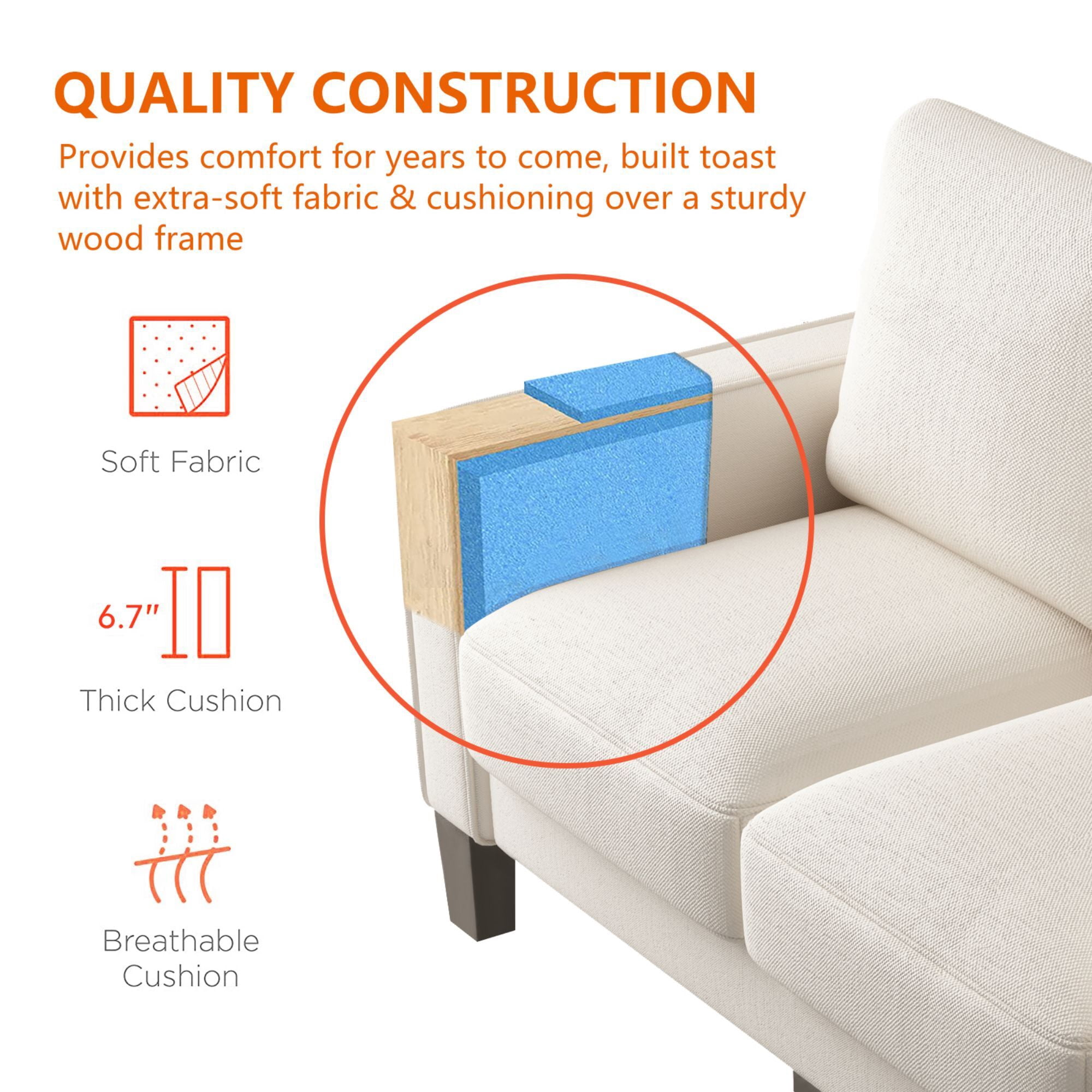DEALTOPS 53'' Modern Loveseat Sofa, Fabric Couch with Square Arms for Living Room, Beige
