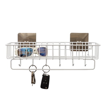 Home Basics Wall Mounted 6 Hook Vinyl Coated Key Rack with Basket  White