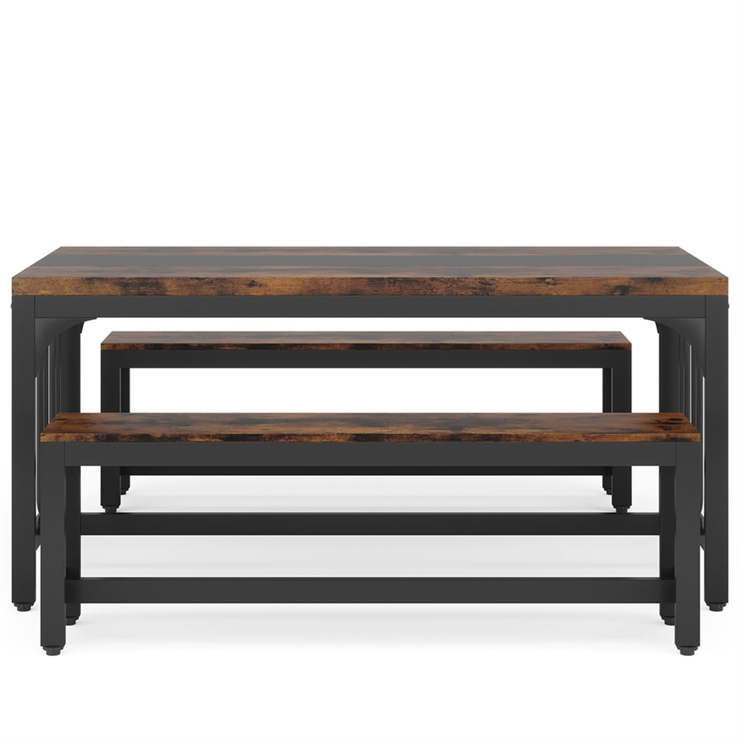 Demi Bonn 3-Piece Farmhouse Dining Table Set for 4-6 People with 2 Benches,door Outdoor Kitchen Table for Dining Room, Home Office, Living Room Furniture, Brown