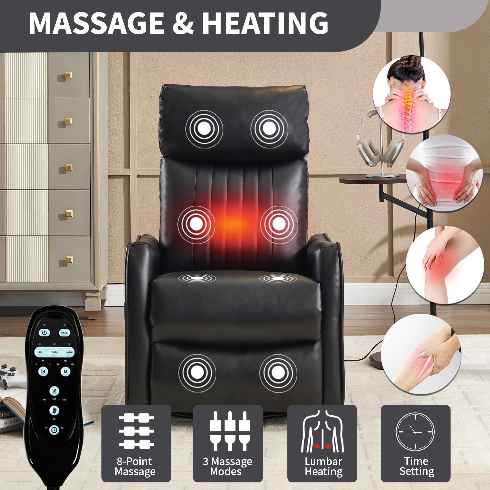 MAYEERTY Faux Leather Heat Massage Recliner Chair, 360° Swivel Rocker 26"x35"x39" for Living Room, White