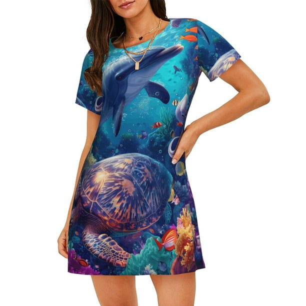 Disketp Underwater Turtle Dolphin Octopus para Camisón Corto de Manga Corta para Mujeres, Camisón Cómodo con Escote Redondo, Bonito y Confortable