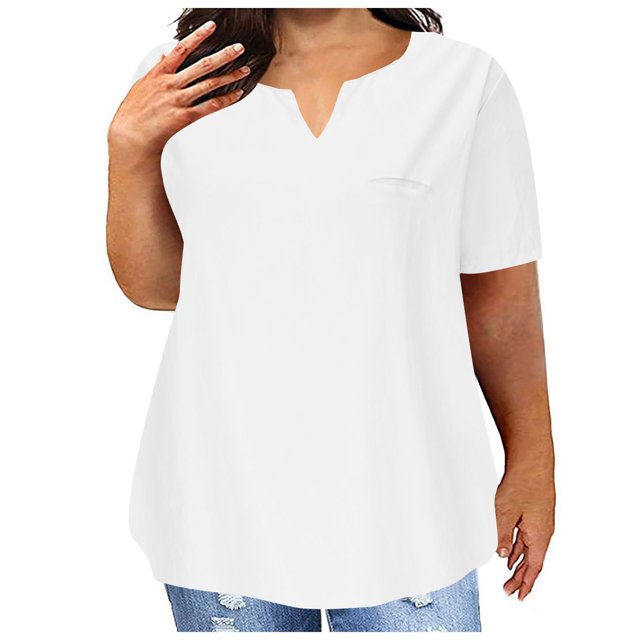 Top de Manga Corta de Verano para las Mujeres de Tamaño Grande Falso Bolsillo V-Cuello Camiseta, Mezcla de Poliéster Algodón Spandex Top Casual, Lavado a Mano Más Tamaño