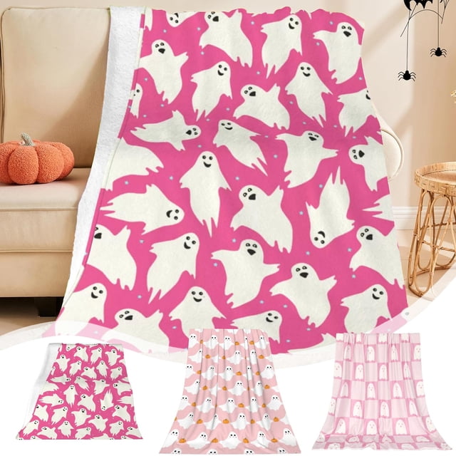 Manta Temática de Halloween | Manta de Franela para Cama o Sofá | Poliéster Rosa | 75 X 100 Cm | 1 Unidad | Ligera y Suave | Fantasmas, Calabazas y Murciélagos | Decoración para El Hogar | Regalo par