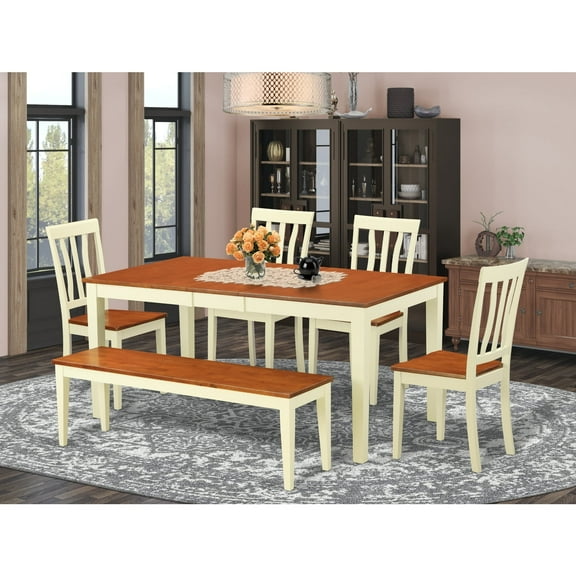 Dinette Table Set -Table And Dining Chairs-Finish:Buttermilk & Cherry,Number of Items:6,Shape:Rectangular,Style:Wood Seat