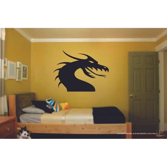 Dragon Head Silhouette Dragons Animal Animals Cartoon Wall Sticker Art Decal for Girls Boys Room Bedroom Nursery Kindergarten House Fun Home Decor Stickers Wall Art Vinyl Decoration Size (27x30 inch)