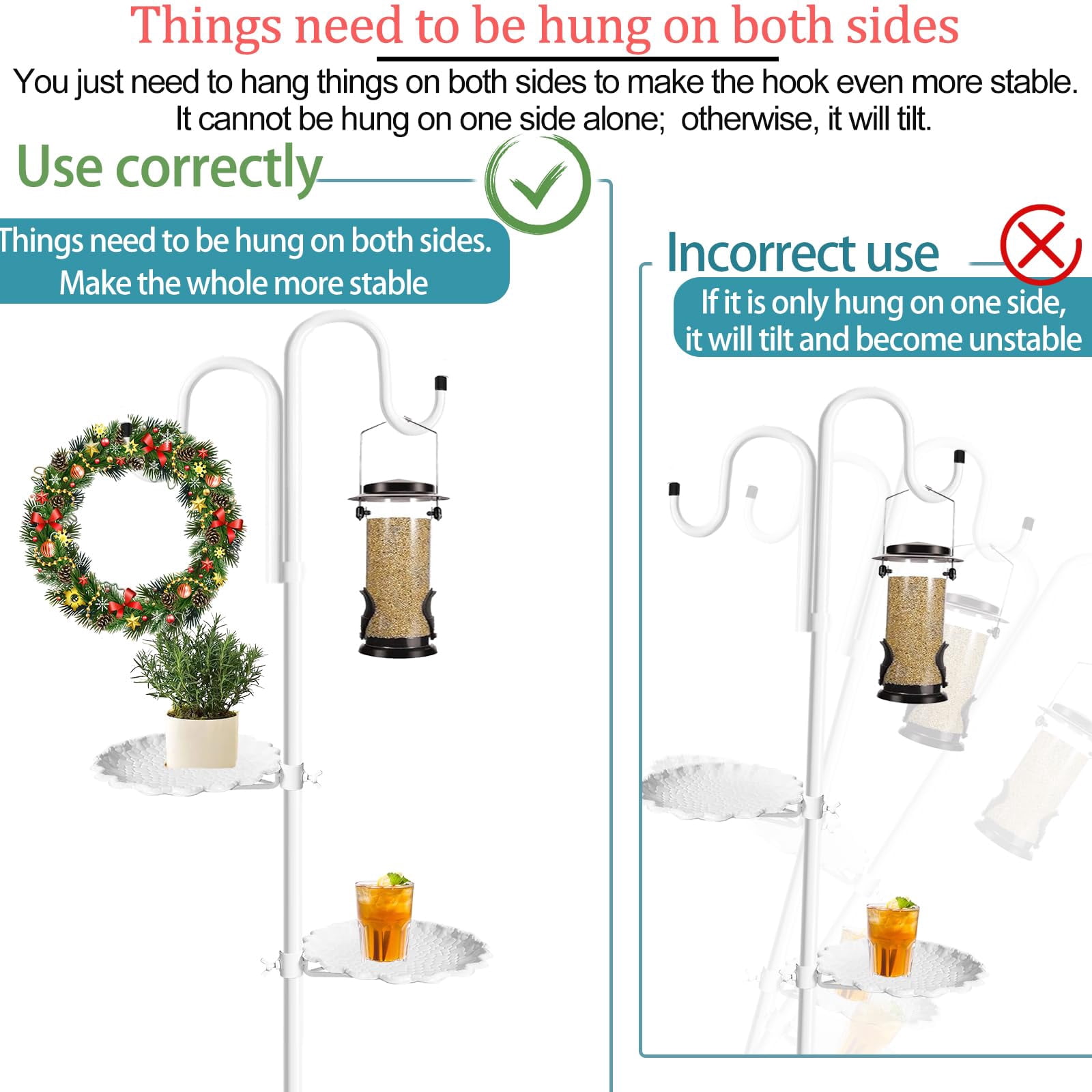 Upgraded 74" Shepherd's Hook Stand plant，Bird Feeder，Wind Chime Hanger Stand, Waterproof Metal & Adjustable-Height Standing Pole Holder for Lantern and Wreath, Indoor & Outdoor（2 Placement Racks)