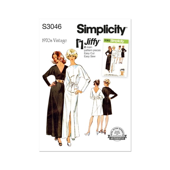 Simplicity Sewing Pattern 3046 - 1970s Misses' Knit Dress in Two Lengths Worn Forward or Backward and Sash, Size: Y5 (18-20-22-24-26)