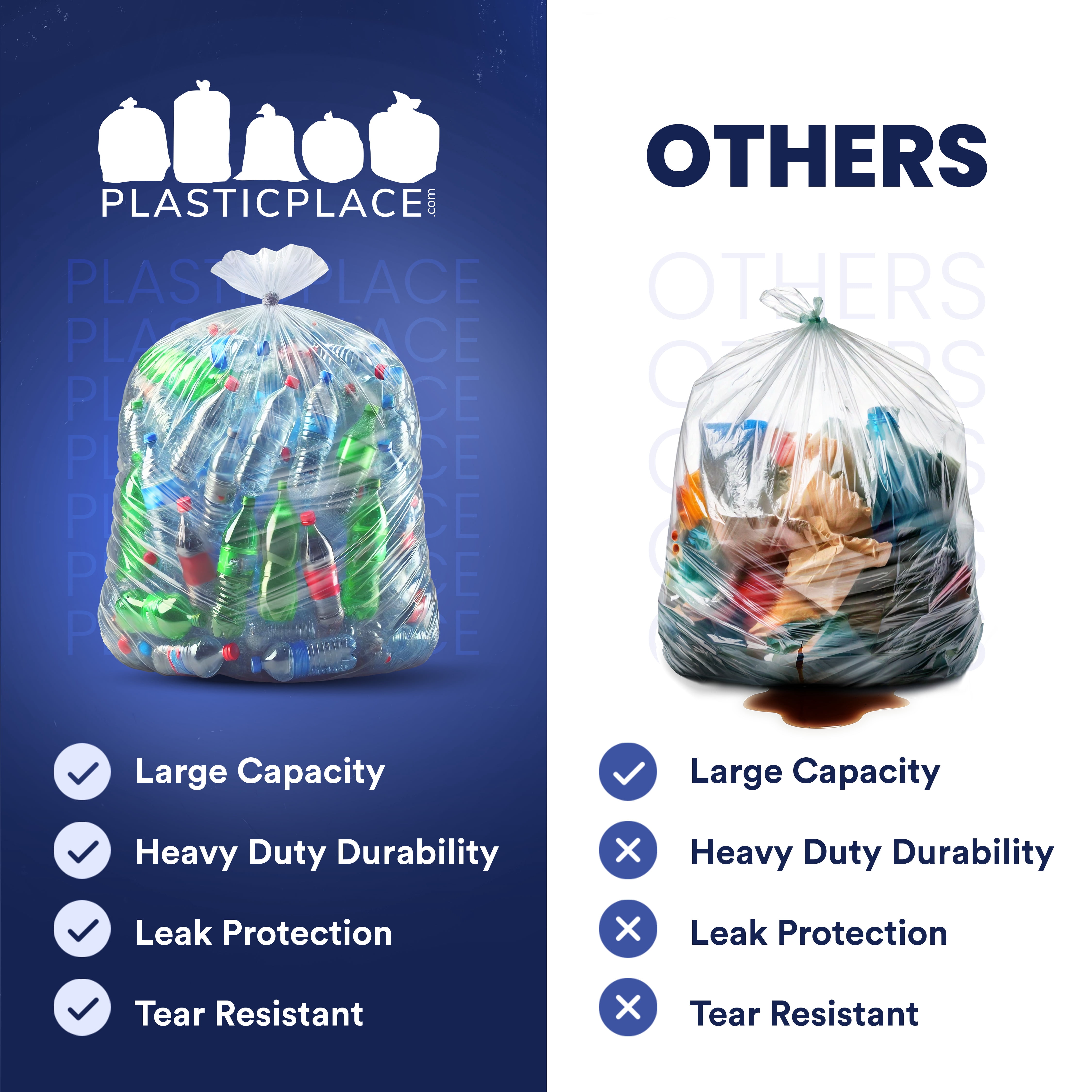 Plasticplace 56 Gallon Clear Trash Bags, Heavy-Duty Garbage Can Liners, Tear & Leak-Resistant, Large Low-Density Trash Bags Commercial Residential Use, Fits Glutton Trash Cans (100 Count) 1.5 Mil