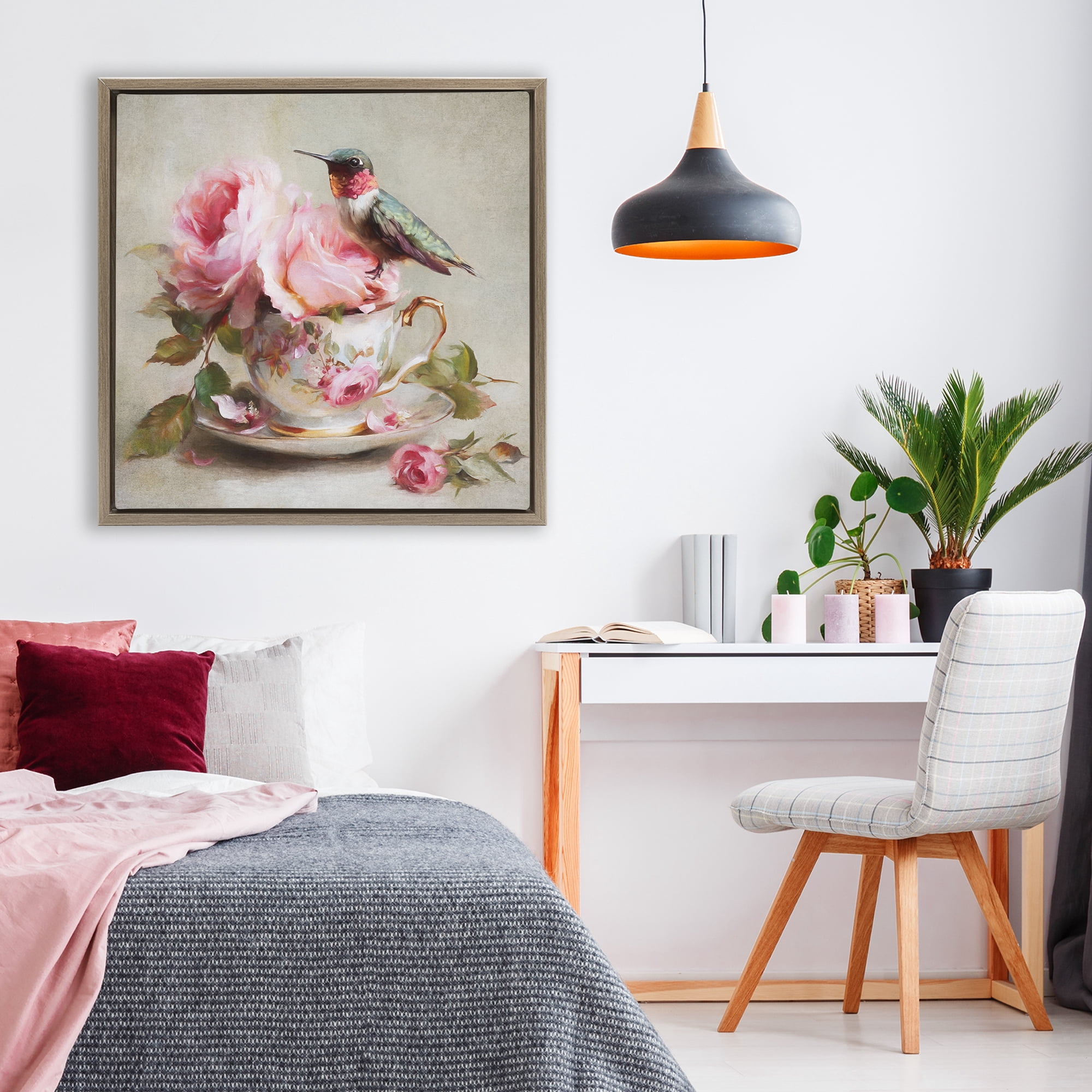 Stupell Industries Hummingbird & Tea Cup Brown Framed Floater Canvas Wall Art, design by Tina LeCour